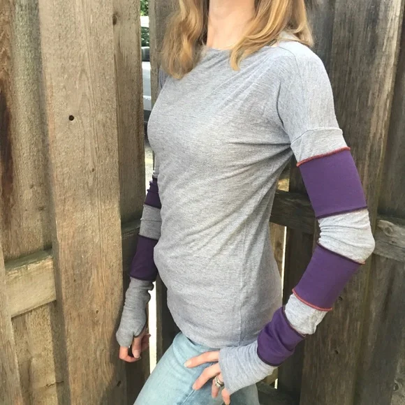 Upcycled Womens Purple Patchwork Shirt Size Medium Long Sleeve Gray Thumb Holes - Picture 4 of 12